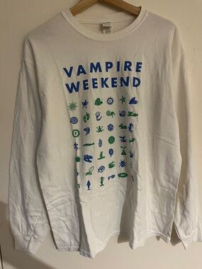 Vampire Weekend White Long Sleeve Band Tee - Blue & Green Print